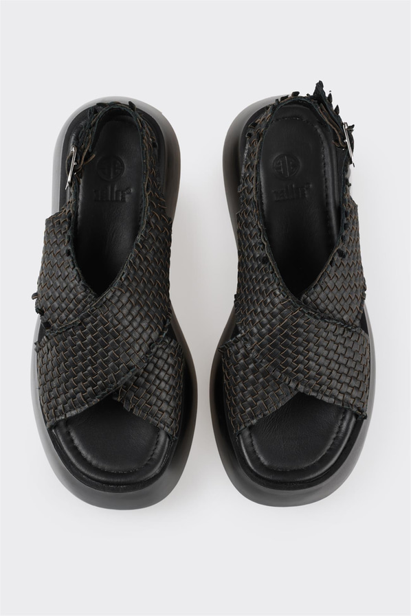 Siyah deri dolgu topuklu kadın sandalet - Elle Shoes