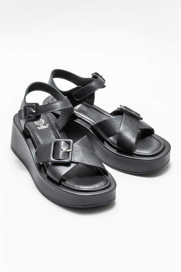 Siyah deri dolgu topuklu kadın sandalet - Elle Shoes