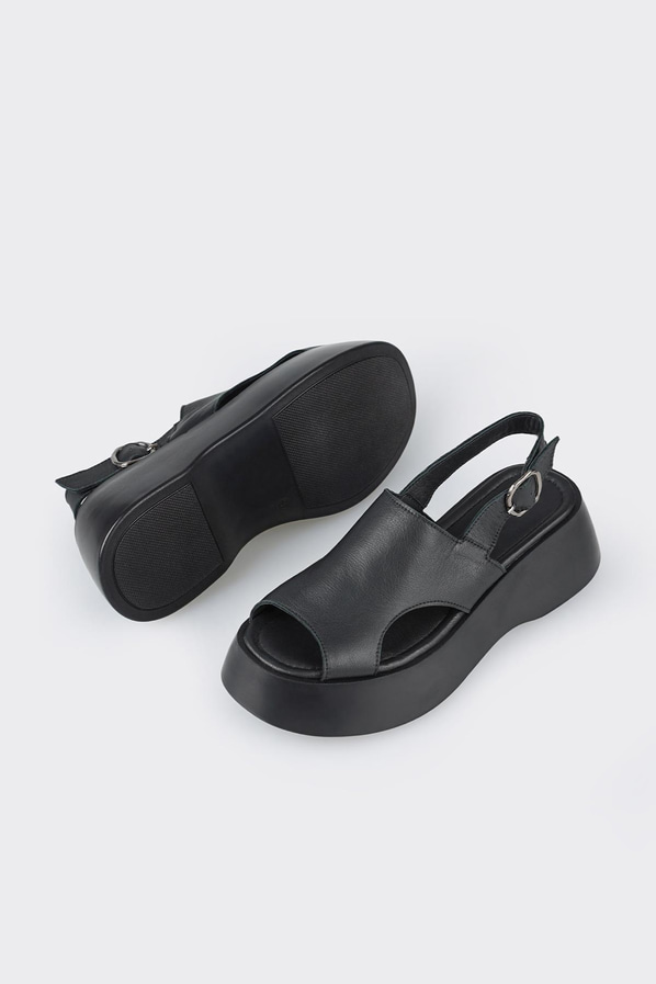 Siyah deri dolgu topuklu kadın sandalet - Elle Shoes