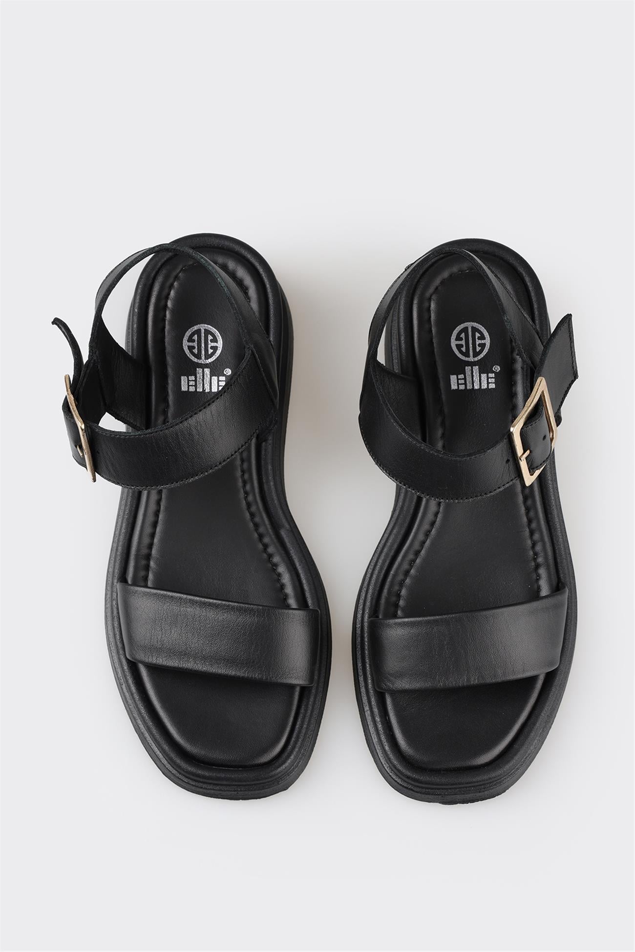 Siyah deri dolgu topuklu kadın sandalet, rahat kullanım için - Elle Shoes