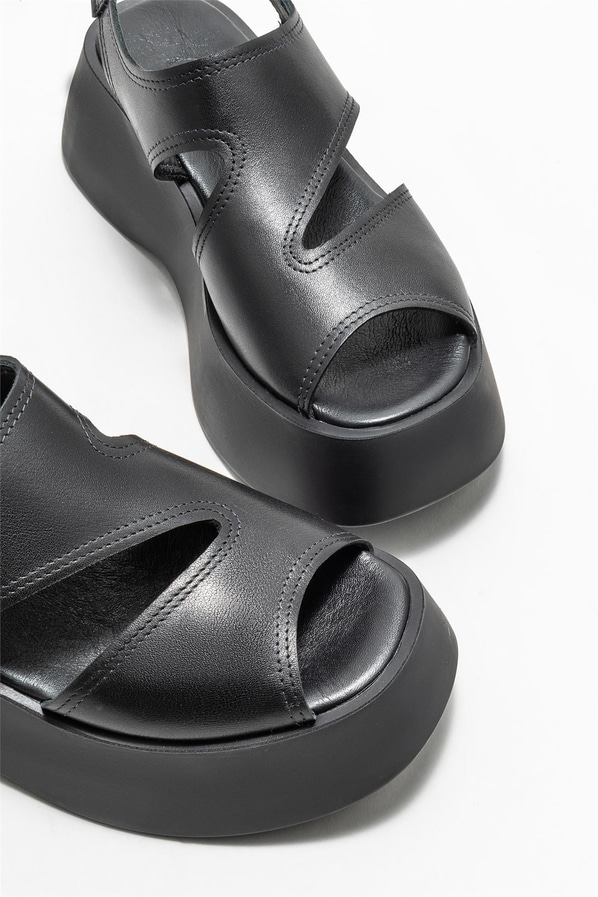 Siyah deri dolgu topuklu kadın sandalet - Elle Shoes