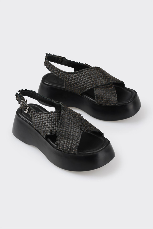 Siyah deri dolgu topuklu kadın sandalet - Elle Shoes