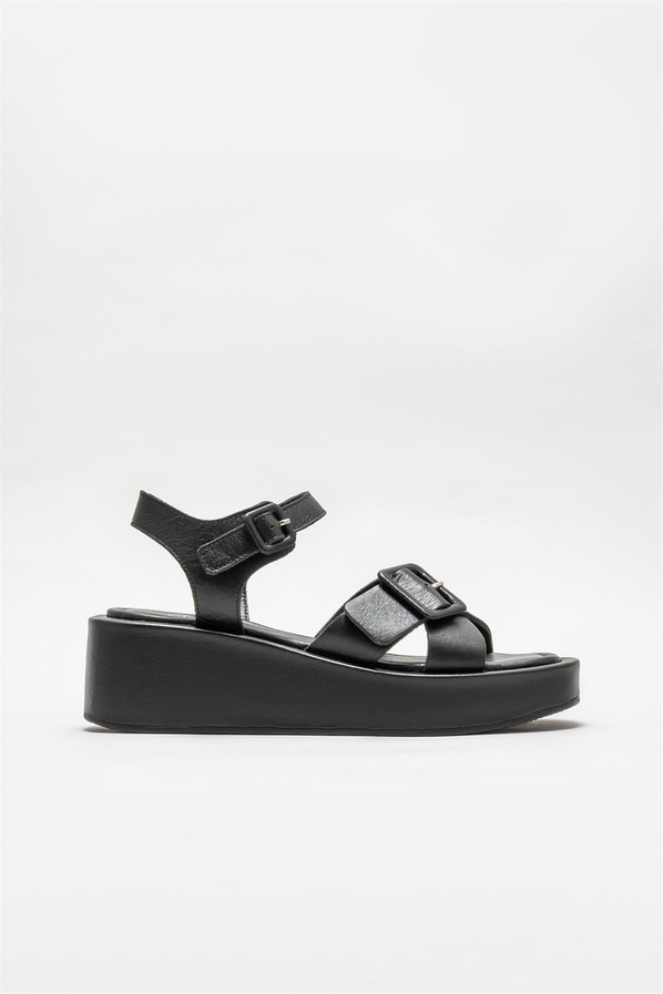 Siyah deri dolgu topuklu kadın sandalet - Elle Shoes