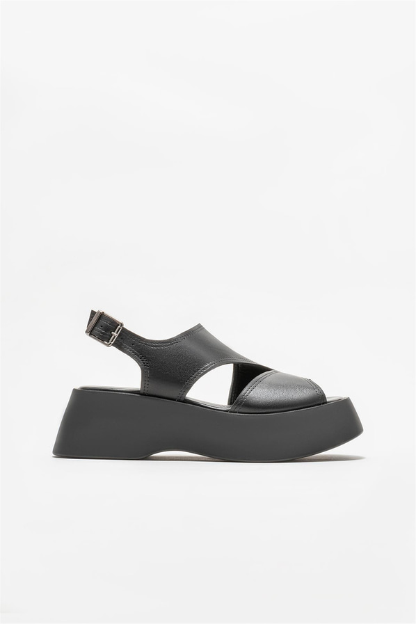 Siyah deri dolgu topuklu kadın sandalet - Elle Shoes