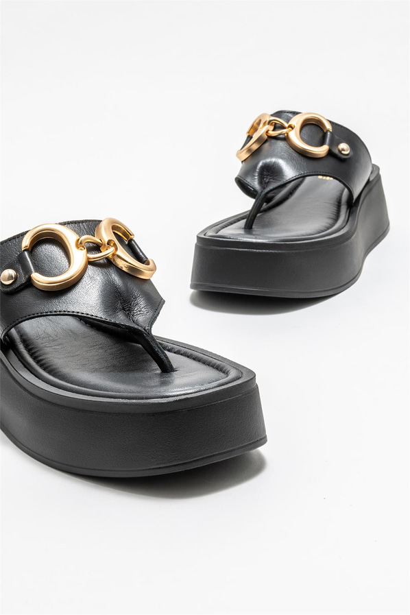 Siyah deri dolgu topuklu kadın terlik - Elle Shoes