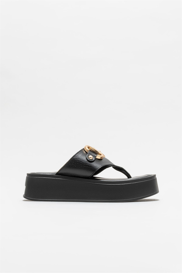 Siyah deri dolgu topuklu kadın terlik - Elle Shoes