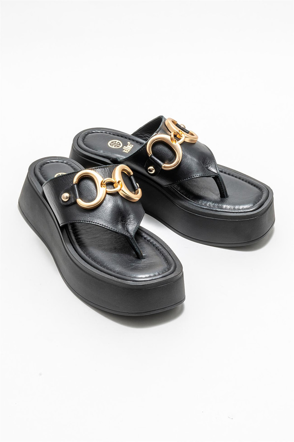 Siyah deri dolgu topuklu kadın terlik - Elle Shoes
