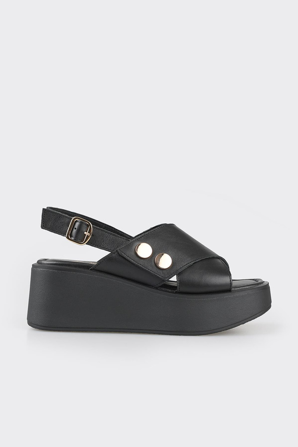 Siyah deri dolgu topuklu kadın sandalet - Elle Shoes
