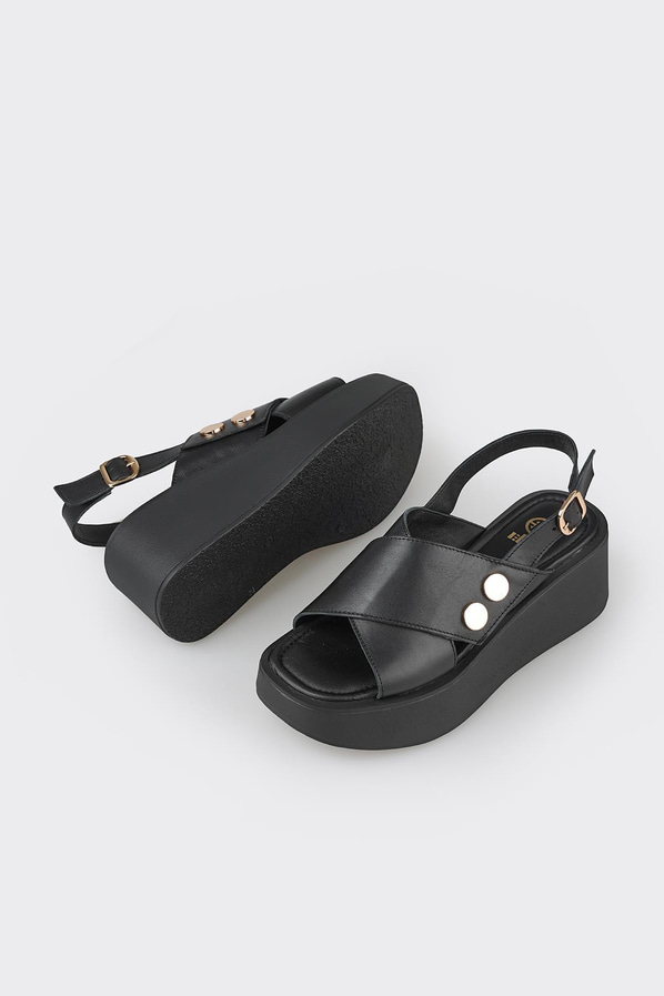 Siyah deri dolgu topuklu kadın sandalet - Elle Shoes