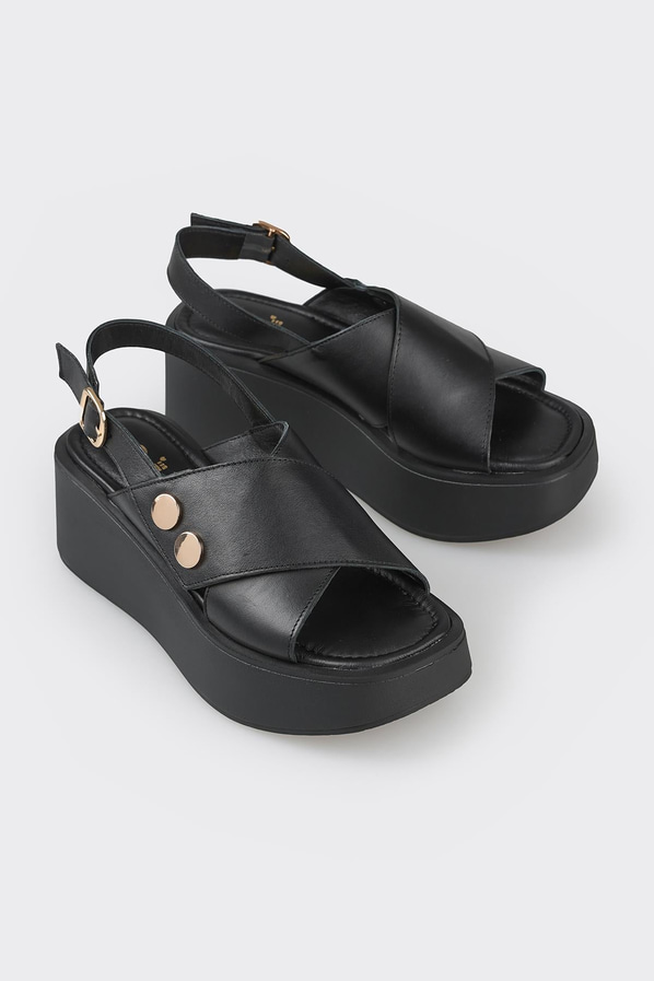 Siyah deri dolgu topuklu kadın sandalet - Elle Shoes