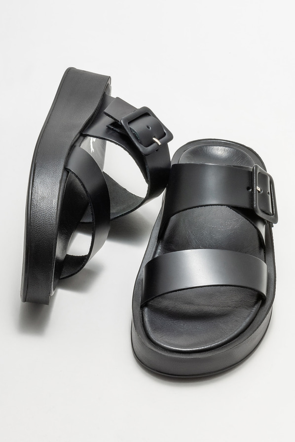 Siyah deri dolgu topuklu kadın terlik - Elle Shoes