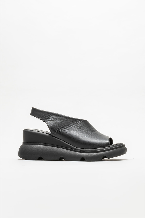 Siyah deri dolgu topuklu kadın sandalet - Elle Shoes