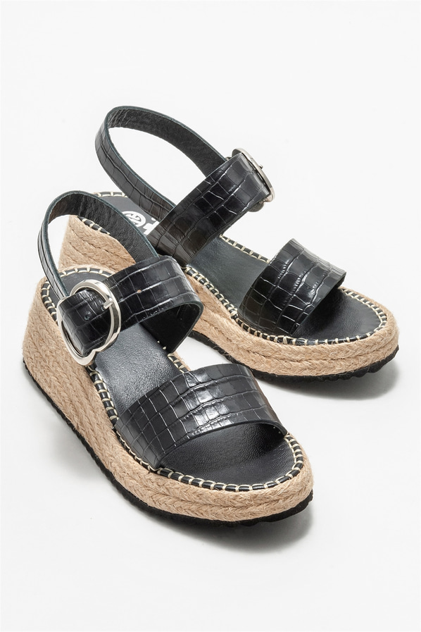 Siyah deri dolgu topuklu kadın sandalet - Elle Shoes