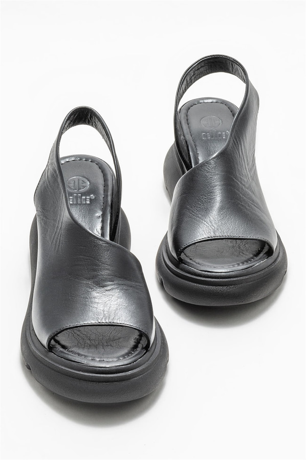 Siyah deri dolgu topuklu kadın sandalet - Elle Shoes