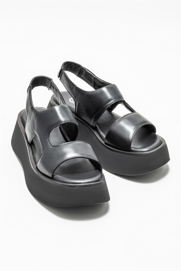 Siyah deri dolgu topuklu kadın sandalet - Elle Shoes