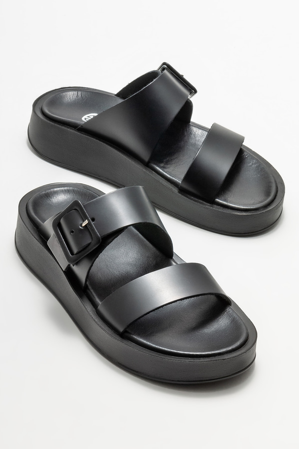 Siyah deri dolgu topuklu kadın terlik - Elle Shoes