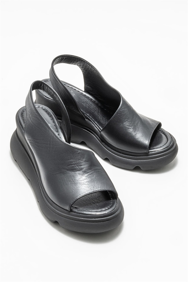 Siyah deri dolgu topuklu kadın sandalet - Elle Shoes