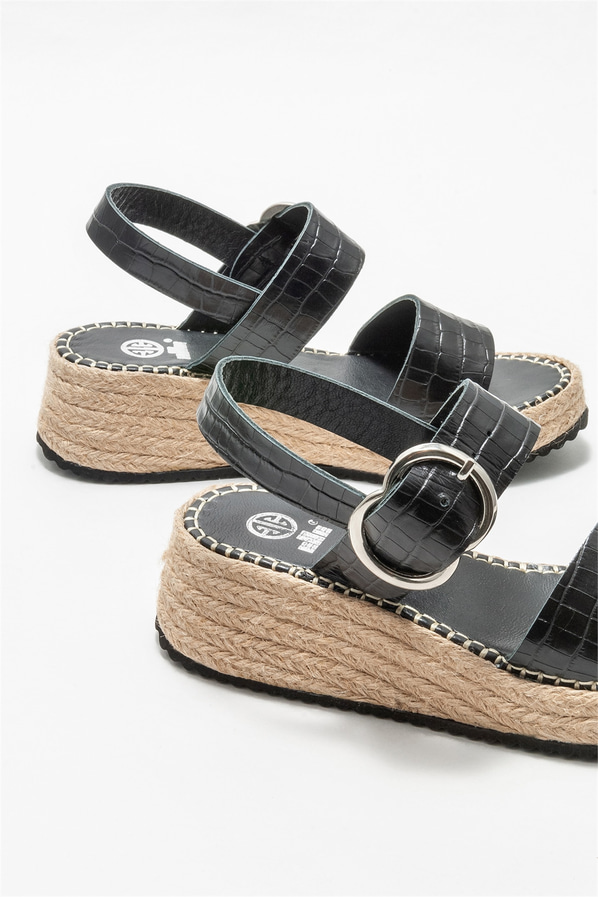 Siyah deri dolgu topuklu kadın sandalet - Elle Shoes