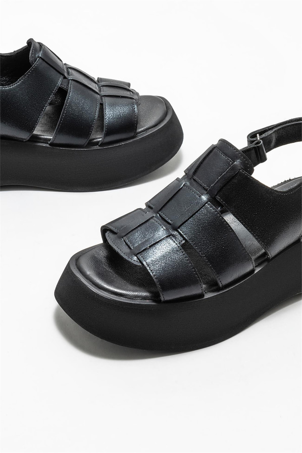 Siyah deri dolgu topuklu kadın sandalet - Elle Shoes