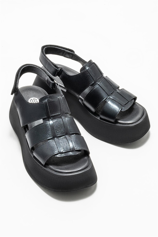 Siyah deri dolgu topuklu kadın sandalet - Elle Shoes