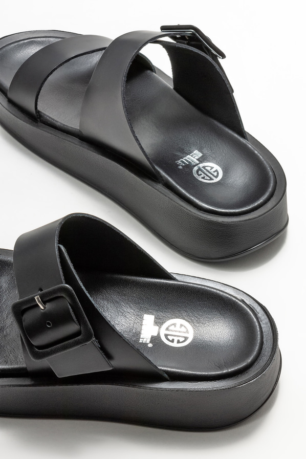 Siyah deri dolgu topuklu kadın terlik - Elle Shoes