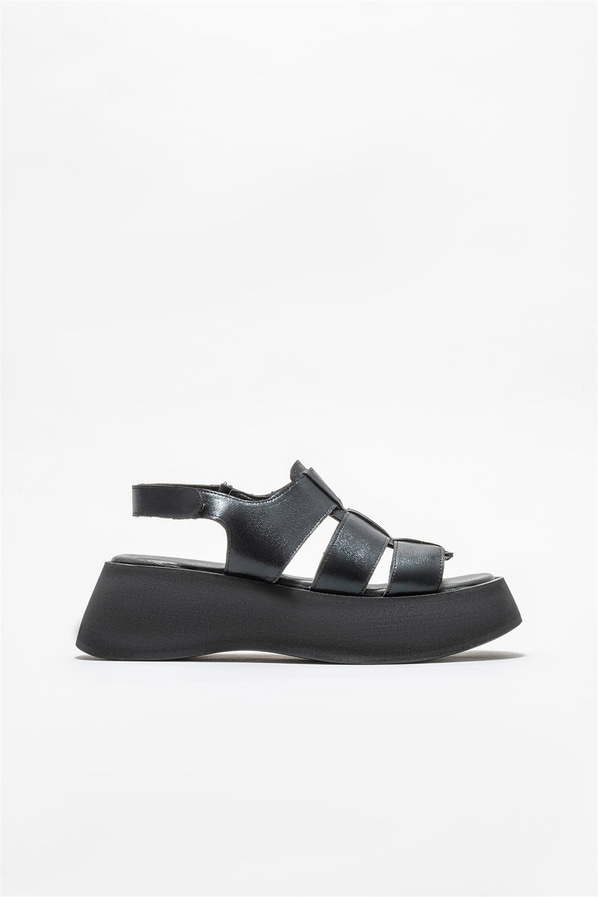 Siyah deri dolgu topuklu kadın sandalet - Elle Shoes