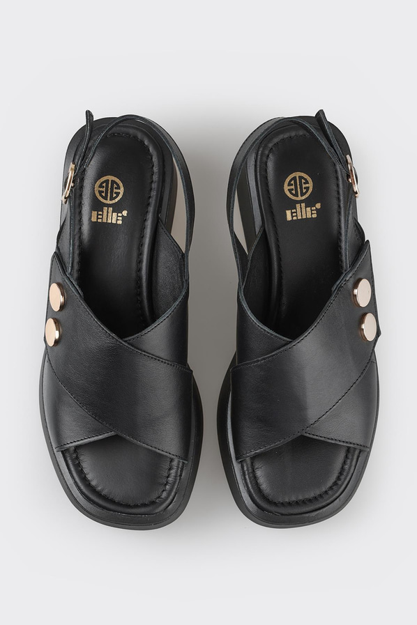 Siyah deri dolgu topuklu kadın sandalet - Elle Shoes