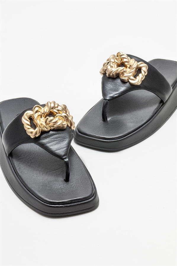 Siyah deri dolgu topuklu kadın terlik - Elle Shoes