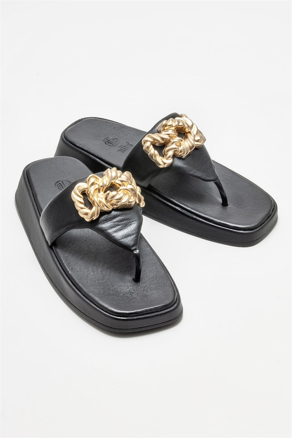 Siyah deri dolgu topuklu kadın terlik - Elle Shoes