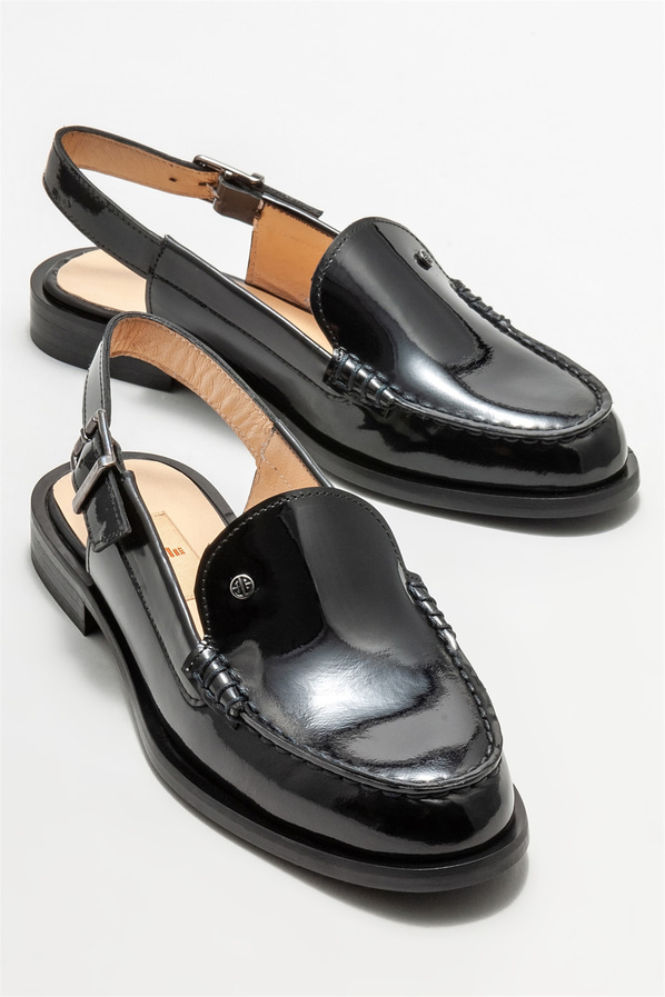 Siyah deri düz kadın ayakkabı - Elle Shoes