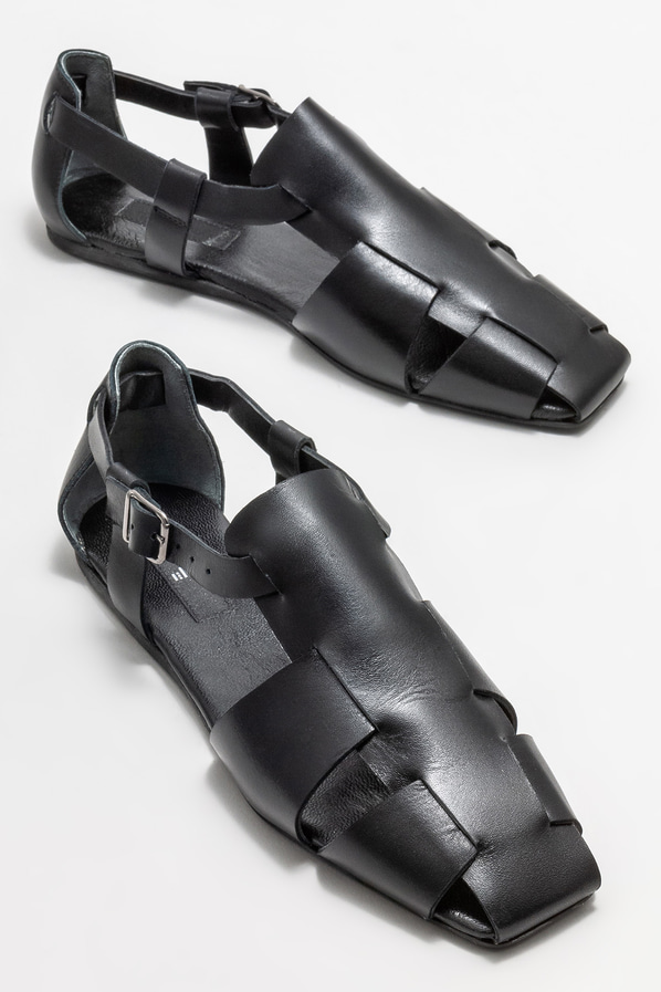 Siyah deri düz kadın ayakkabı - Elle Shoes