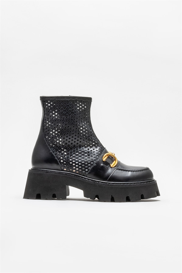 Siyah deri düz kadın bot - Elle Shoes
