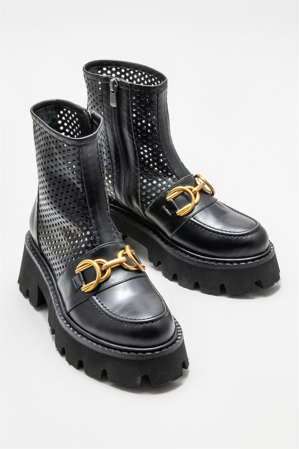 Siyah deri düz kadın bot - Elle Shoes