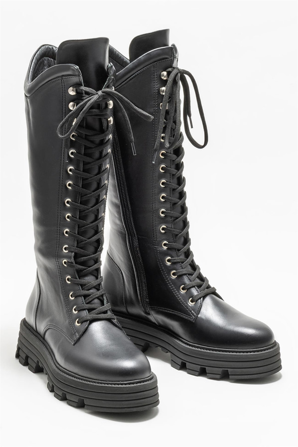 Siyah deri düz kadın çizme - Elle Shoes