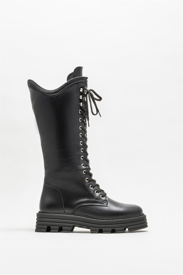 Siyah deri düz kadın çizme - Elle Shoes