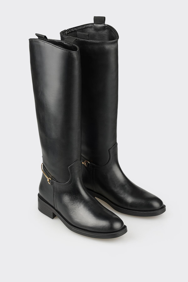 Siyah Deri Kadın Düz Çizme