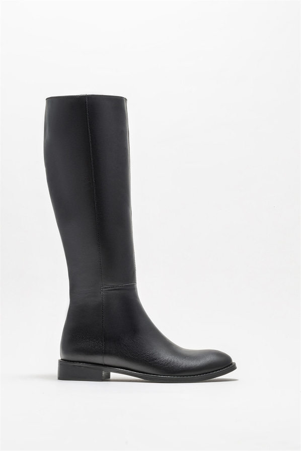 Siyah deri düz kadın çizme - Elle Shoes