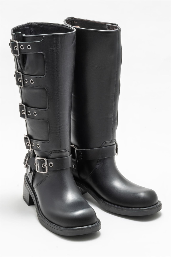 Siyah deri düz kadın çizme - Elle Shoes