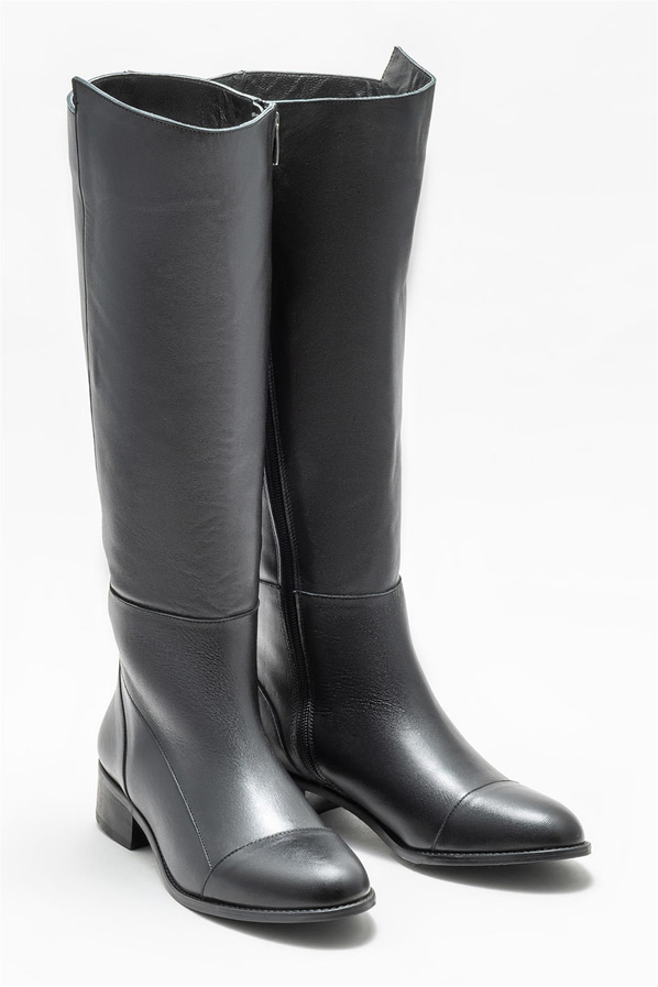 Siyah deri düz kadın çizme - Elle Shoes