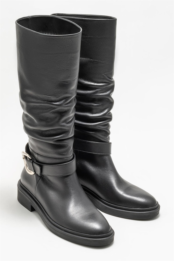 Siyah deri düz kadın çizme - Elle Shoes