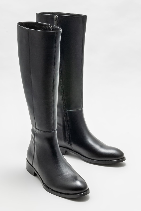 Siyah deri düz kadın çizme - Elle Shoes