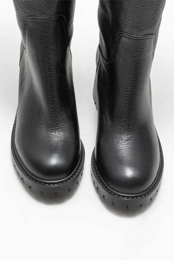 Siyah deri topuklu kadın çizme - Elle Shoes