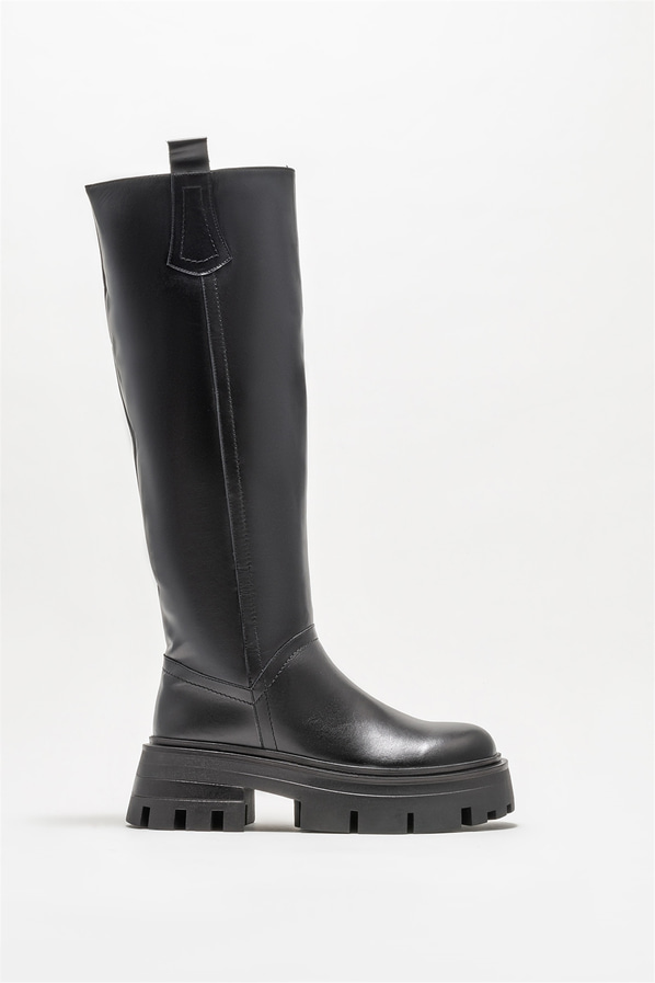 Siyah deri düz kadın çizme - Elle Shoes