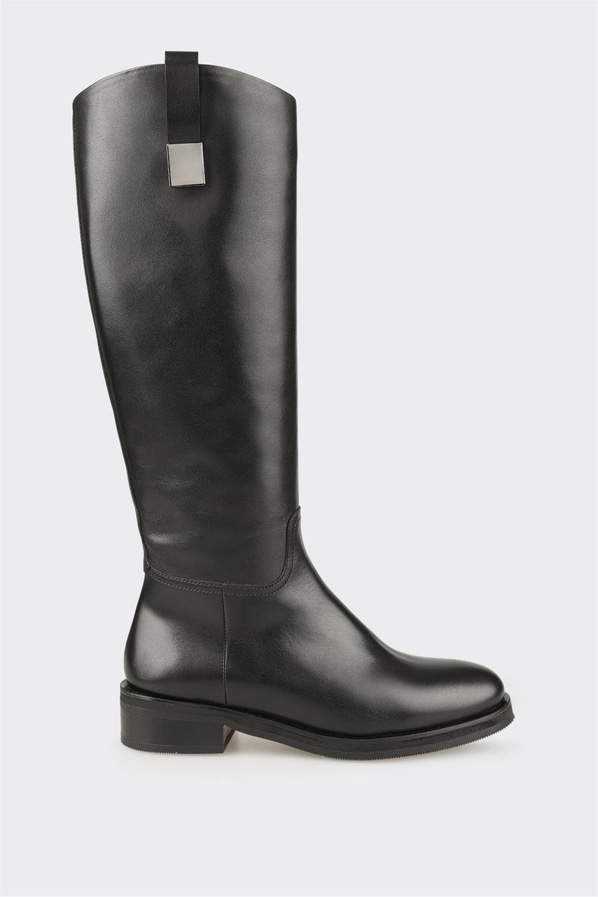 Siyah Deri Kadın Düz Çizme