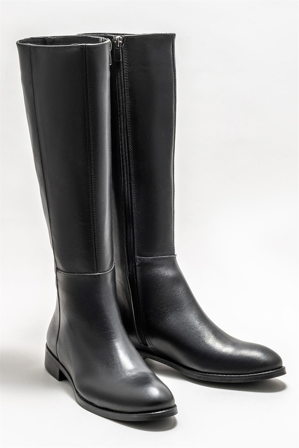 Siyah deri düz kadın çizme - Elle Shoes