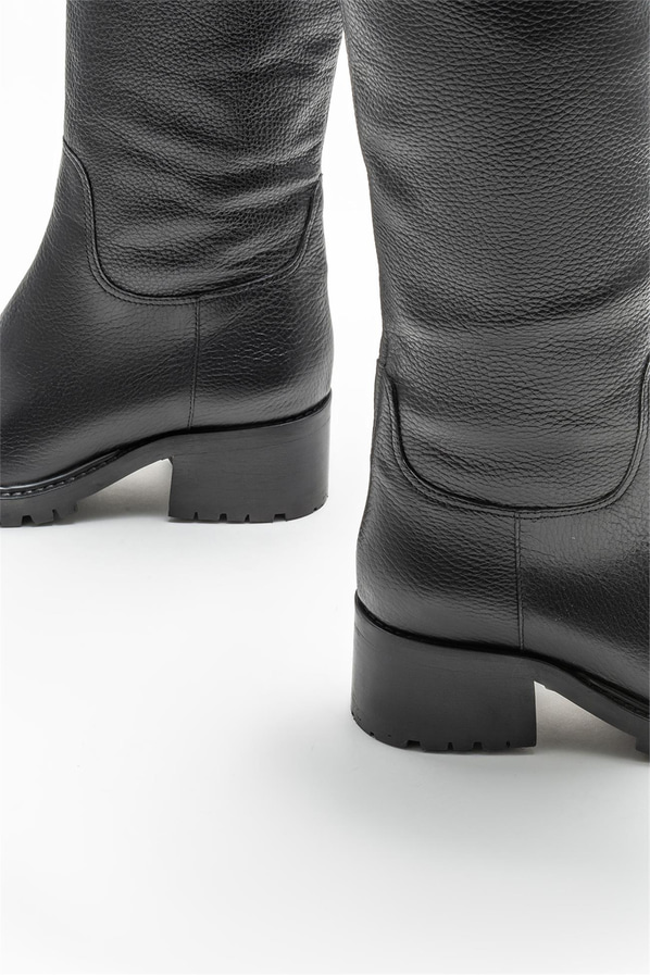 Siyah deri topuklu kadın çizme - Elle Shoes
