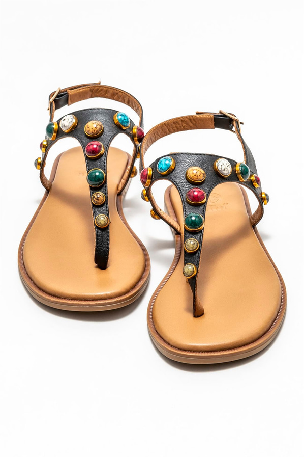 Siyah deri düz kadın sandalet - Elle Shoes