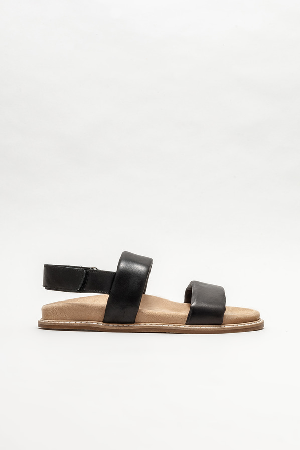 Siyah deri düz kadın sandalet - Elle Shoes