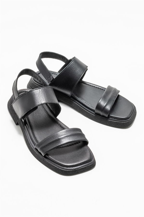 Siyah deri düz kadın sandalet - Elle Shoes