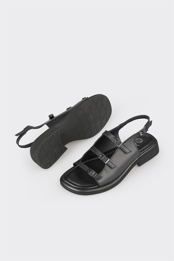 Siyah deri düz kadın sandalet - Elle Shoes
